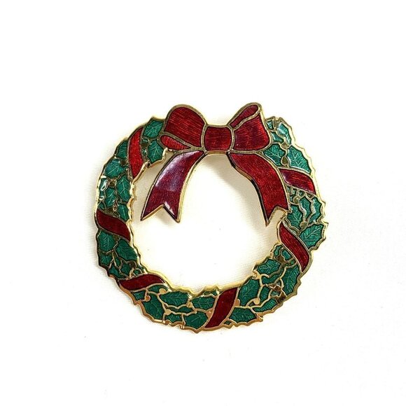 Fish Industries Jewelry - Fish Industries Vintage Cloisonne Holiday Wreath Pin Red Gold Green 1990's UK